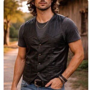 Vintage STEER BRAND Black Leather Vest Made in USA Size Small Men's